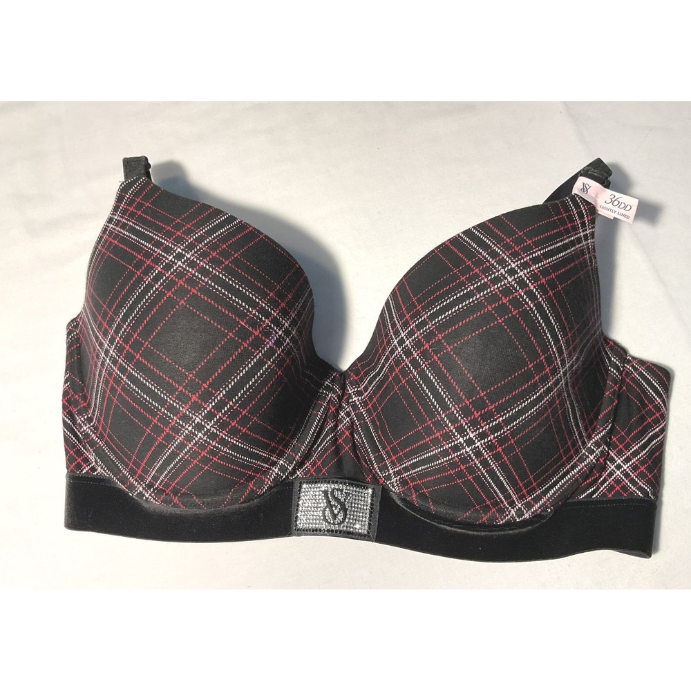 Victorias Secret T-Shirt Lightly Lined Demi Bra 36DD Black Red Plaid Rhinestone